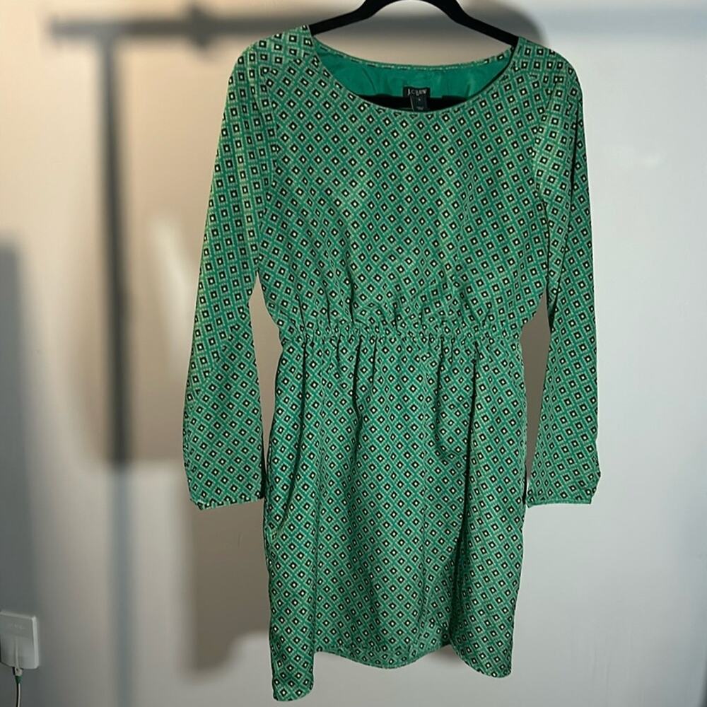 J.Crew Green Geometric Diamond Print Long Sleeve Elastic Waist Mini Dress Size 4